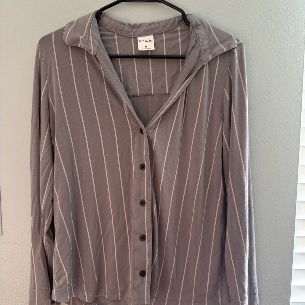 Soma Taupe & White Striped Button-Front Pajama Shirt
